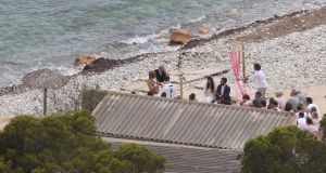 26-06-2016 SHOWBIZZ; NICK SCHILDER TROUWDE ZIJN KRISTEN OP ZONNIG IBIZA. De mooiste dag uit ons leven zo vertelde Nick aan de paar PERS mensen die aanwezig waren op de door hun gekozen een sombere foto lokatie. foto: Albert den Iseger